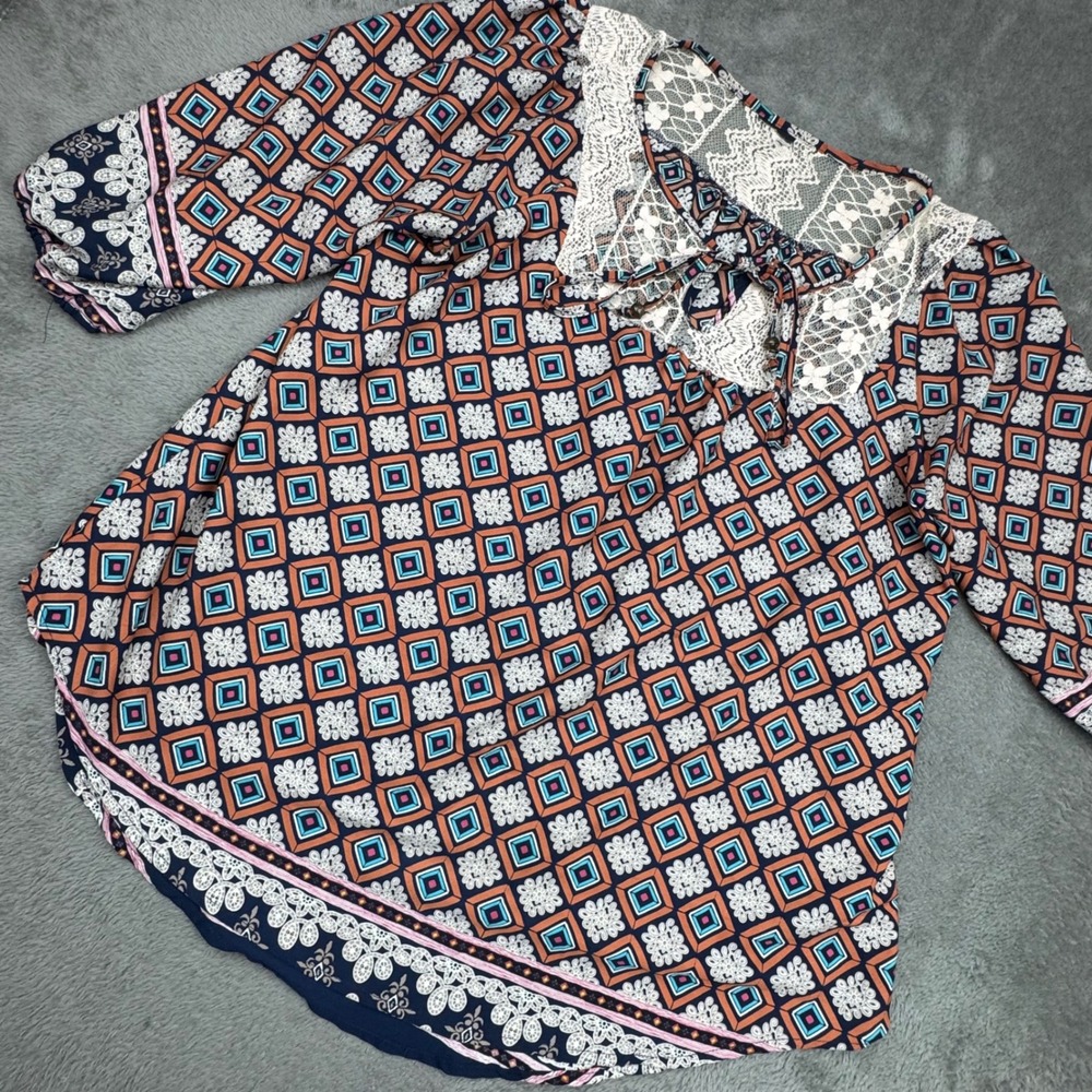 Unbranded Blouse Women M Multi Excellent Boho Lace Yoke Geometric 3/4 Sleeve